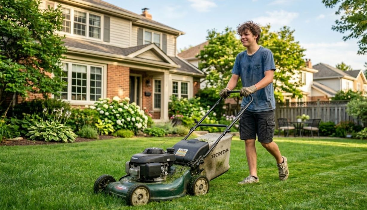 A local teen mowing a lawn in front of a friendly neighborhood home